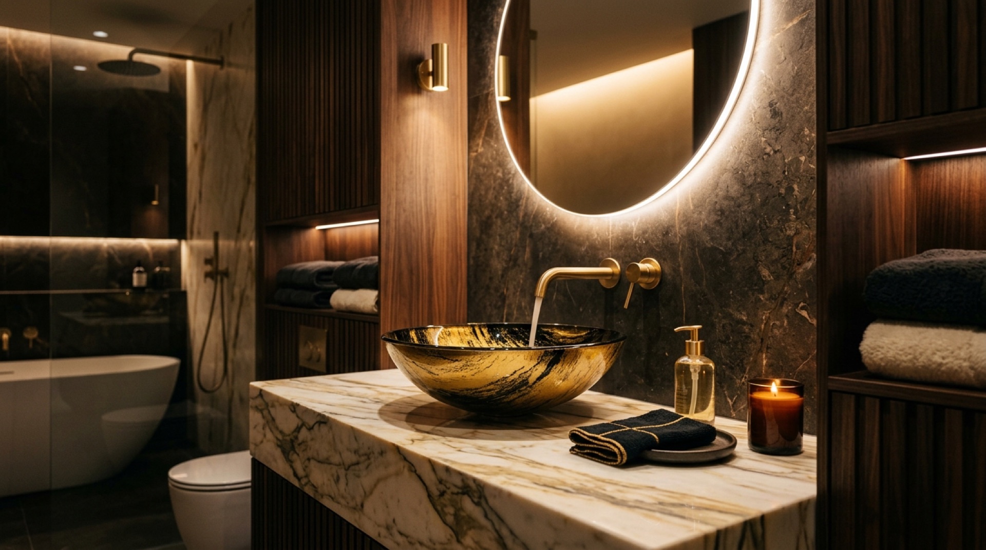 Baño de lujo con lavamanos dorado y grifería premium